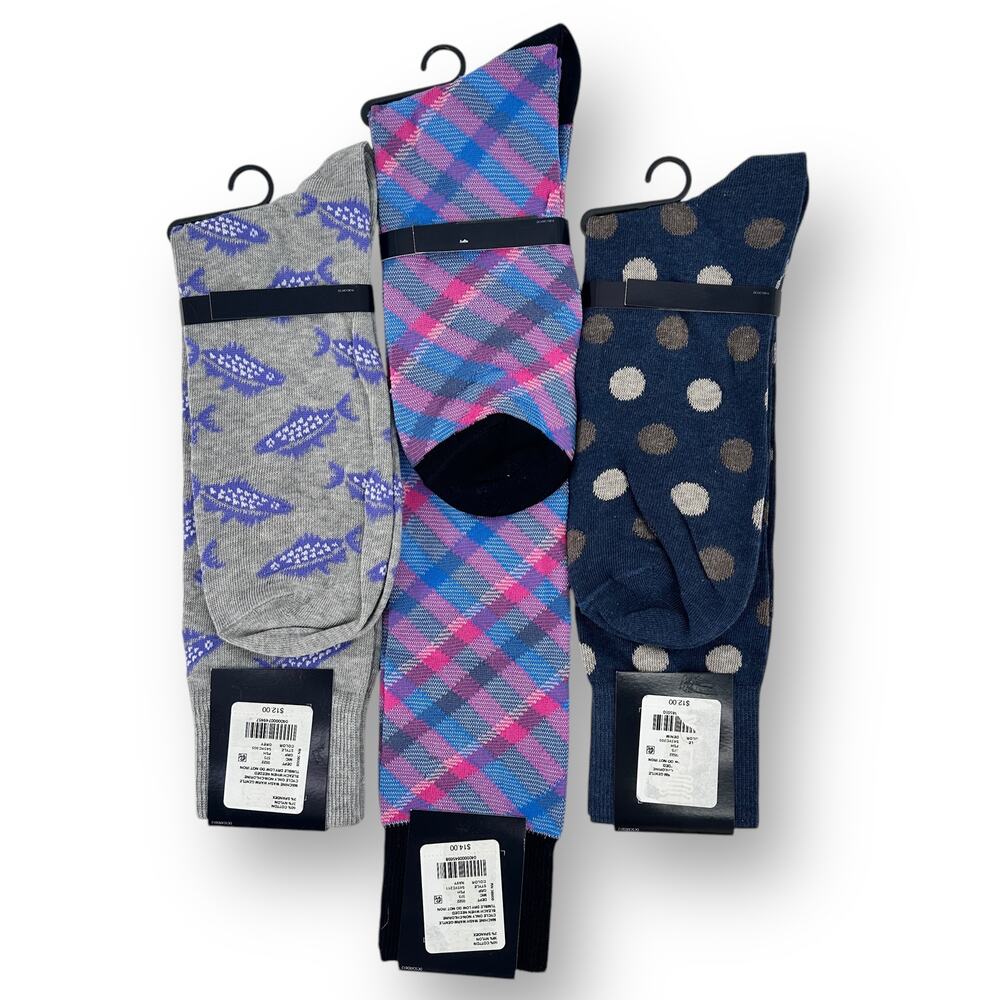 Cremieux Plaid Polka Dot Fish Knee Crew Sock Lot Mens 6-12.5 Purple Gray Easter - Picture 2 of 5